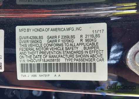 2018 Honda Accord Lx from USA, damaged, VIN 1HGCV1F18JA058150